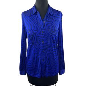 Et Vous Blue Black Top Silk Houndstooth Collared Classic Button-Up Size Medium M